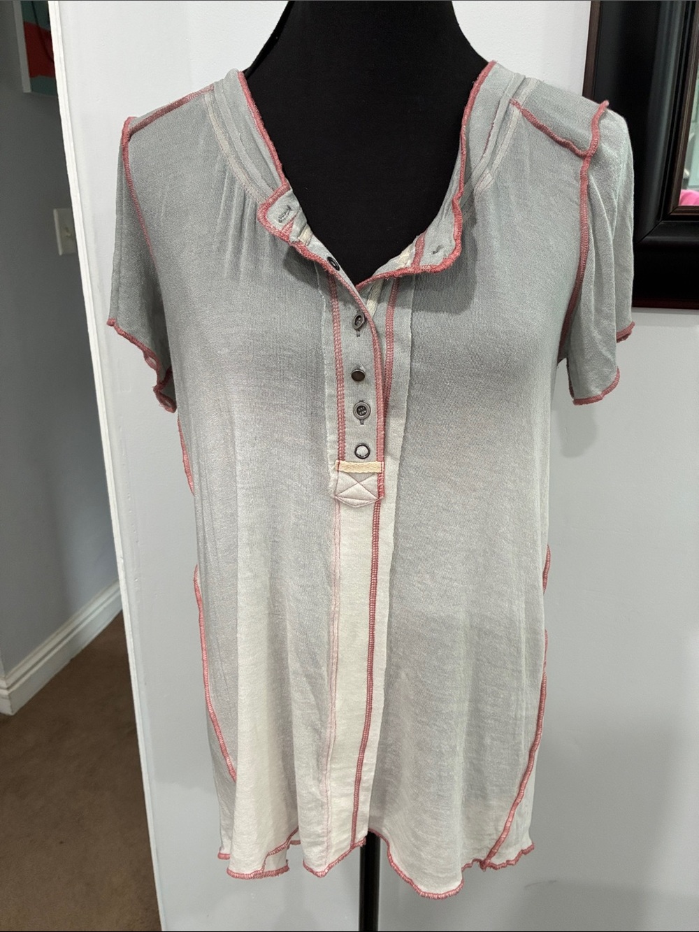 POL Light Gray Short Sleeve Henley Tee with Red Trim
